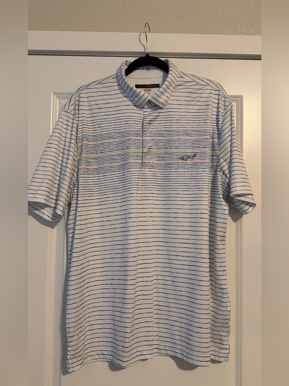 Greg Norman Collection White Polo with Navy Pinstripes